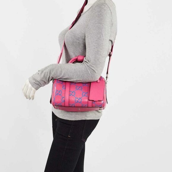 Gucci Pink/Blue GG Perforated Leather Shoulder Duffle Bag - Picture 2 of 12